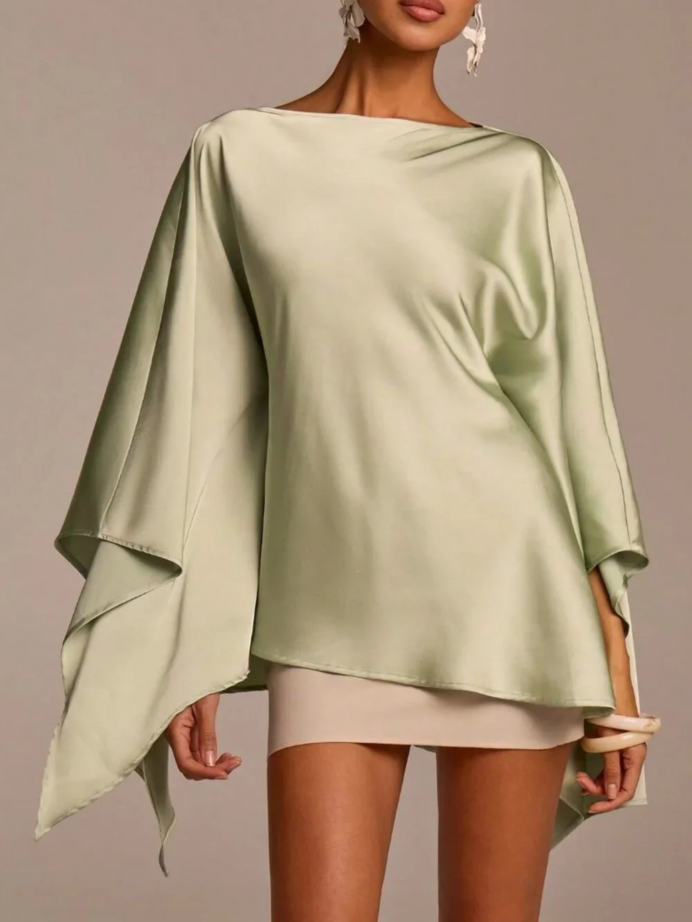 Green Elegant Women's Long Sleeve Asymmetric Satin Blouse
